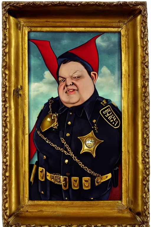 Prompt: high fantasy elf mall cop with a sheriff's badge that is fat, shifty, 1500s Oil Portrait, Carvagio