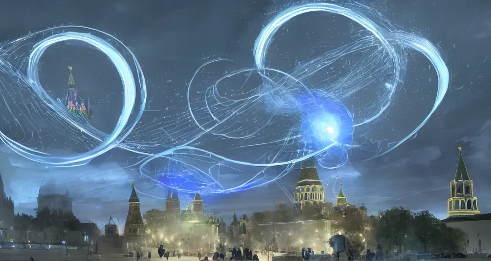 Image similar to pepople and a spiral - shaped white luminous attractor is floating near kremlin, concept art, art for the game, professional lighting, art