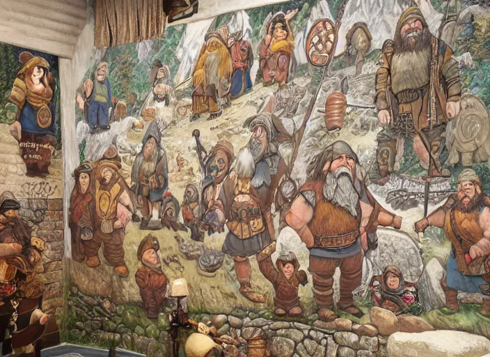 Image similar to dwarven mural depicting a family history of mountain dwarves. a large jewel is the focal point of the mural