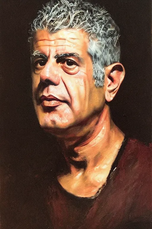 Prompt: anthony bourdain, painting by rembrandt, masterpiece