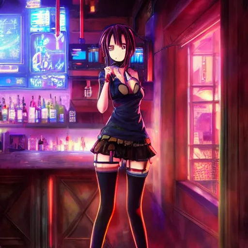 Image similar to Cute Anime Girl in a cyberpunk city bar, fully clothed, beautiful face, fantasy, medieval, vivid colors, elegant, concept art, sharp focus, digital art, Hyper-realistic, 4K, Unreal Engine, Highly Detailed, HD, Dramatic Lighting by Brom, trending on Artstation