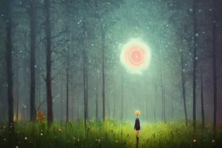 Image similar to giant daisy flower as face, girl walking in forest, surreal photography, dark night, stars, moon light, impressionist painting, clouds, digital painting, artstation, simon stalenhag