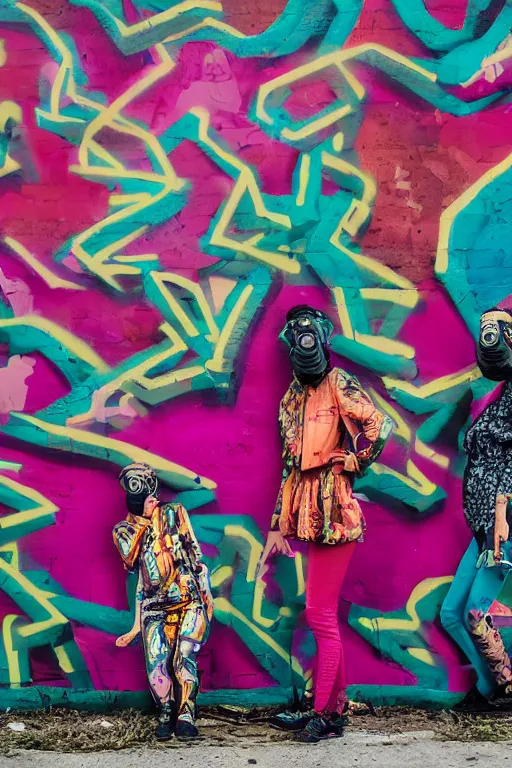 Image similar to a surreal portrait of two women wearing gas masks camouflaged into a wall of colorful graffiti in the style of brooke didonato, editorial fashion photography from vogue magazine, full shot, nikon d 8 1 0, ƒ / 2. 5, focal length : 8 5. 0 mm, exposure time : 1 / 8 0 0, iso : 2 0 0