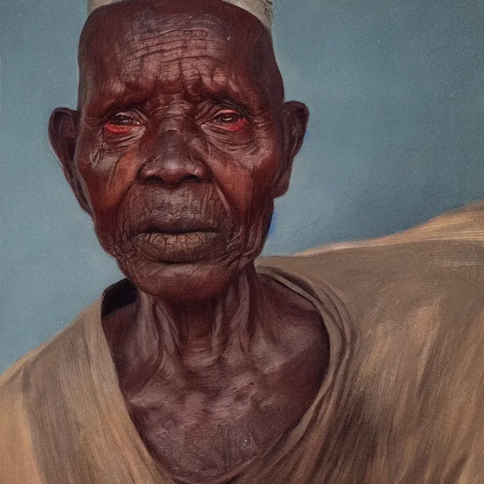 Prompt: a painting of a wise elder from Kenya by Lynette Yiadom-Boakye . dramatic angle, ethereal lights, details, smooth, sharp focus, illustration, realistic, cinematic, artstation, award winning, rgb , unreal engine, octane render, cinematic light, macro, depth of field, blur, red light and clouds from the back, highly detailed epic cinematic concept art CG render made in Maya, Blender and Photoshop, octane render, excellent composition, dynamic dramatic cinematic lighting, aesthetic, very inspirational, arthouse.