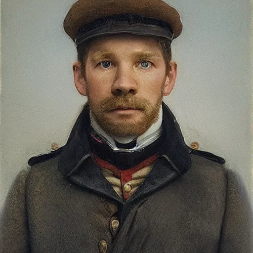 Image similar to thirty years old Lee Evans as a ((sad)) 19th century, eastern european postman. detailed, soft focus, interesting lights, realistic, hyperdetailed, oil canvas, character concept art by Munkácsy Mihály, Hollósy Simon, Csók István, John Everett Millais, Henry Meynell Rheam, and da Vinci