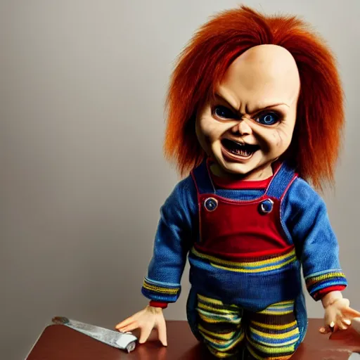 Image similar to chucky the killer doll on standing on a work bench table