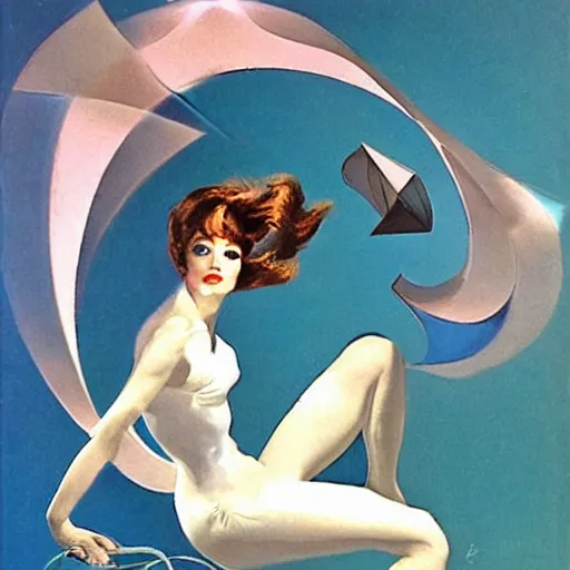 Image similar to A kinetic sculpture. A rip in spacetime. Did this device in his hand open a portal to another dimension or reality?! light blue by Rolf Armstrong composed