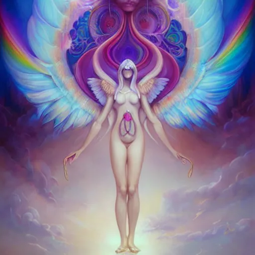 Image similar to psychedelic angelic celestial being artwork of peter mohrbacher, ayahuasca, energy body, sacred geometry, esoteric art, rainbow colors, realist, abstract and surreal art styles with anime and cartoon influences divinity