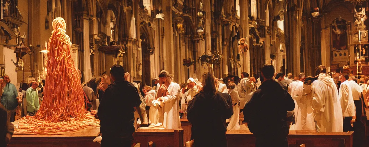 Prompt: people praying to a statue of spaghetti inside a church, canon 5 0 mm, cinematic lighting, photography, retro, film, kodachrome, closeup