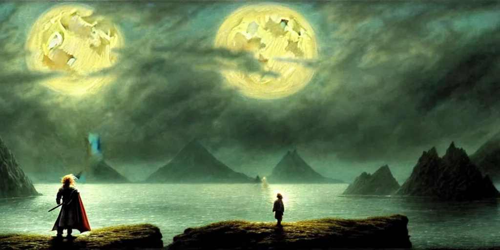 Image similar to a hobbit out at a lord of the rings scenery landscape, staring across the sea from the shore at a white timber sail boat leaving harbour, evening, highly detailed, vivid colour, soft clouds, full moon low in sky, cinematic lighting, perfect composition, gustave dore, derek zabrocki, greg rutkowski, belsinski