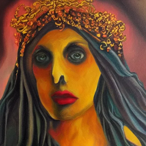 Image similar to Persephone, queen of the underworld, oil on canvas