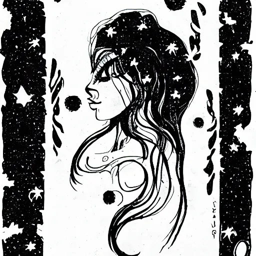 Prompt: A black ink portrait of a lonely beautiful woman with slightly opened lips and the the constellation in her black flowing hair, inktober