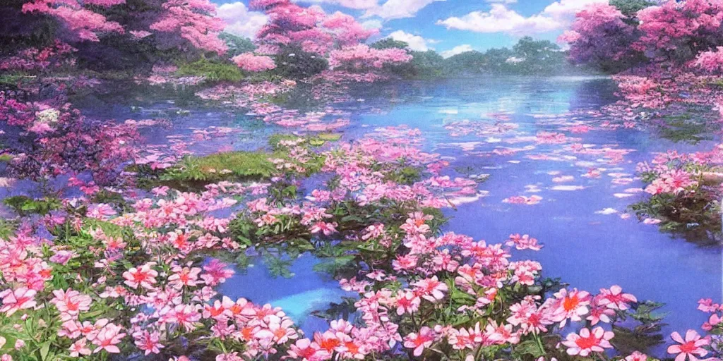 Image similar to a beautiful lake with blooming flowers, fantasy art, by studio ghibli