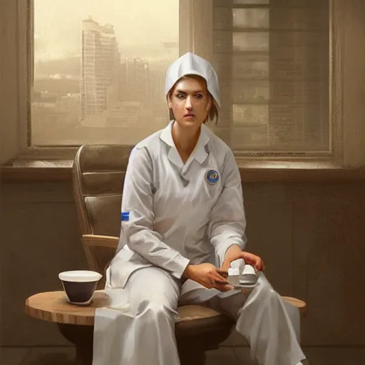 Prompt: a portrait of an nurse in a white uniform sitting and drinking coffee, Matte painting , detailed painting, greg rutkowski