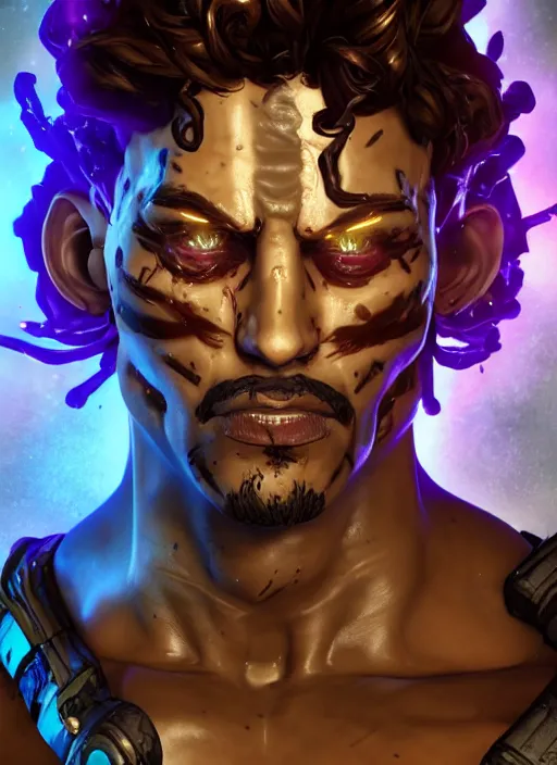 Image similar to glowwave portrait of curly hair muscular man from borderlands 3, au naturel, hyper detailed, digital art, trending in artstation, cinematic lighting, studio quality, smooth render, unreal engine 5 rendered, octane rendered, art style by klimt and nixeu and ian sprigger and wlop and krenz cushart.