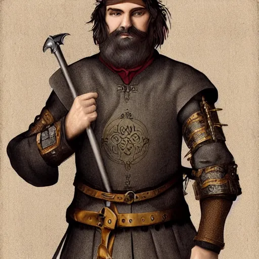 Image similar to 5 0 years old man, stonky : : brown hair, stubble beard : : decorated medieval clothing : : high detail, digital art, rpg, concept art, illustration