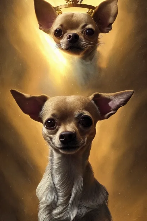 Prompt: God had dog Chihuahua's head, a radiant halo and crown, detailed face, gorgeous, very muscular male body, partial anatomy, stormy background, delicate and intricate borders for decoration, caesar victorious, proud Emperor, character close-up, intricate, highly detailed, 8K, digital painting, fantasy, concept art, sharp focus, art by greg rutkowski beeple and alphonse mucha