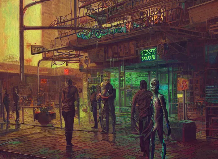 Image similar to reptile people exterior parking lot, cyberpunk neon, in the style of jeremy enecio, intricate, miles johnston, monet, cynical realism, john william godward, painterly, yoshitaka amano, miles johnston, louise zhang, pekka halonen, finnish naturalism, realism