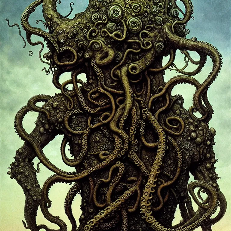 Image similar to A detailed human with tentacles growing out of his head and with armored joints stands with a pebble in hands and toes. Wearing a ripped mantle. Extremely high details, realistic, fantasy art, solo, masterpiece, art by Zdzisław Beksiński, Arthur Rackham, Dariusz Zawadzki