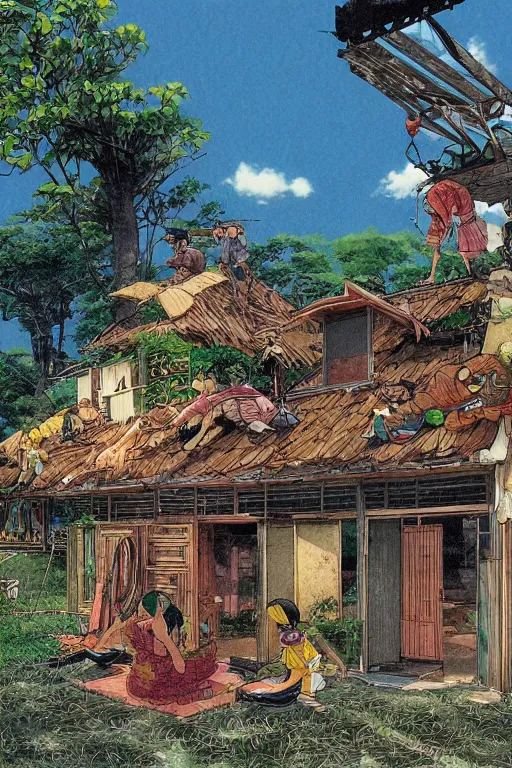 Prompt: beautiful anime illustration of a rural philippines home, by moebius, masamune shirow and katsuhiro otomo