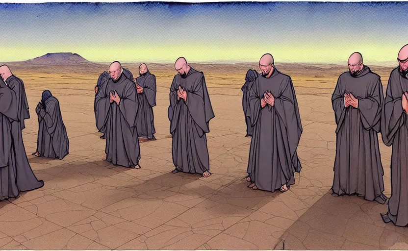 Prompt: a hyperrealist watercolour concept art of a group of medieval monks in grey robes kneeling in prayer. a large primitive ufo is in the sky. on a desert road. by rebecca guay, michael kaluta, charles vess and jean moebius giraud. high detail, hq, wide shot