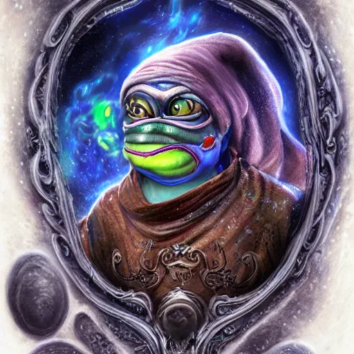 Image similar to 3d render of highly detailed hyper-detailed beautiful mystic portrait of a phantom undead pepe with whirling galaxy around, tattoos by Anton Pieck, intricate, extremely detailed, digital painting, artstation, concept art, smooth, sharp focus, illustration, intimidating lighting, incredible art,