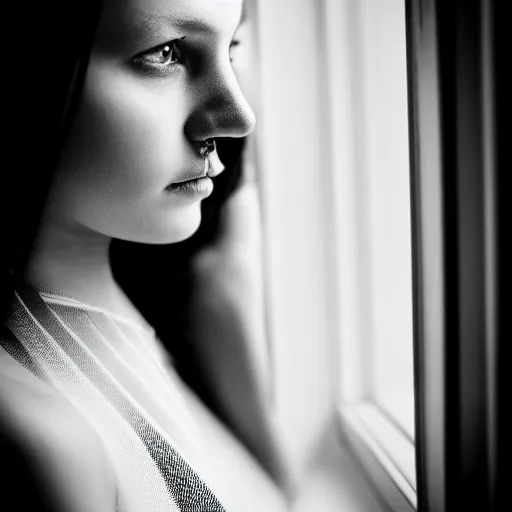 Image similar to black and white fashion photography of a beautiful depressed Woman with detailed face in the heroine chique style standing by the window, natural light, sigma 85mm f/1.4 1/10 sec shutter