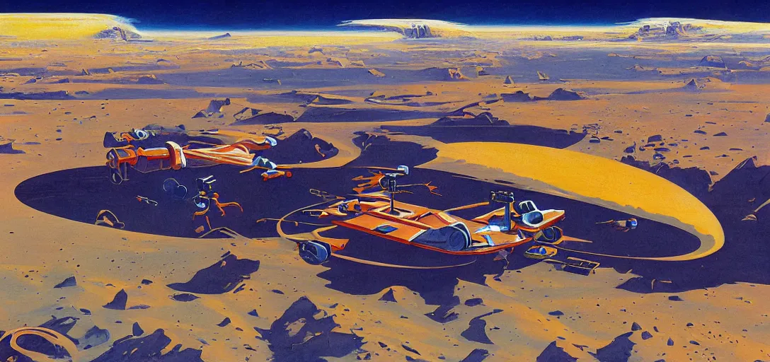 Image similar to a boxy! spacecraft!! flying over a desert landscape! on another planet!!!, by robert mccall