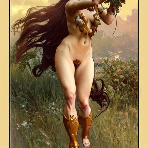 Prompt: beautiful female centaur, with golden hair and fawn legs, rt by artgerm and greg rutkowski and alphonse mucha, high detail, photorealistic,