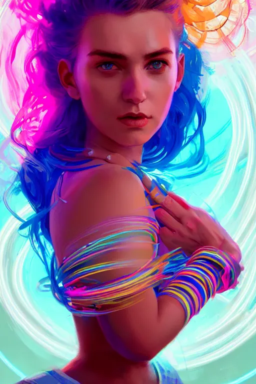 Image similar to a award winning portrait of a beautiful woman with stunning eyes in a one off shoulder crop top and cargo pants with rainbow colored hair, outlined by whirling illuminated neon lines and fine lines swirling in circles by greg rutkowski, digital art, trending on artstation