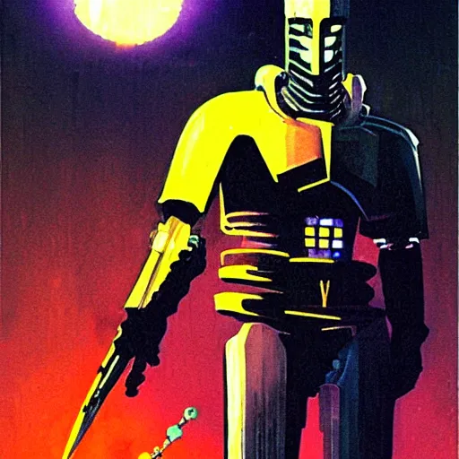 Prompt: cyberpunk knight, epic pose, by jack gaughan, pulp, sci - fi, atmospheric lighting, painted, intricate, ultra detailed