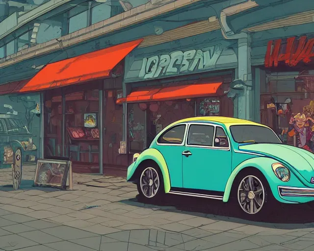 Prompt: a study of cell shaded cartoon of a Volkswagen Beetle infront of a store front, road, illustration, vivid colors, post grunge, concept art by josan gonzales and wlop, by james jean, Victo ngai, David Rubín, Mike Mignola, Laurie Greasley, highly detailed, sharp focus, alien, Trending on Artstation, HQ, deviantart, art by artgem