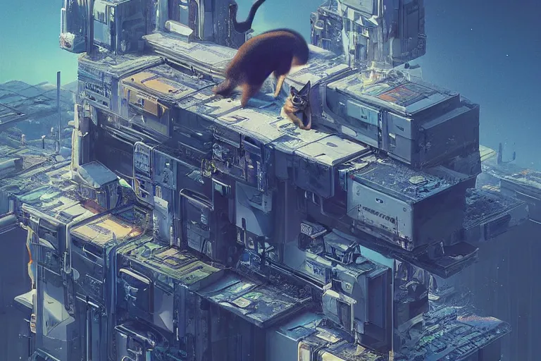 Image similar to cat high up in the sky, cyberpunk art by mike winkelmann, trending on cgsociety, retrofuturism, reimagined by industrial light and magic, darksynth, sci - fi