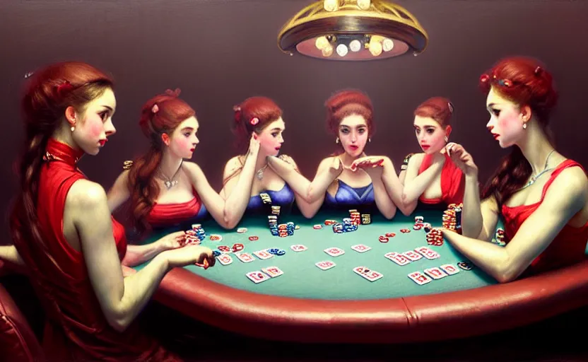 Image similar to portrait of several girls playing poker at a casino, highkey, realistic, serov, surikov, vasnetsov, repin, kramskoi, ultra realistic, depth of field insanely detailed, charlie bowater, tom bagshaw, norman rockwell, octane rendered, unreal engine, trending on artstation, 4 k