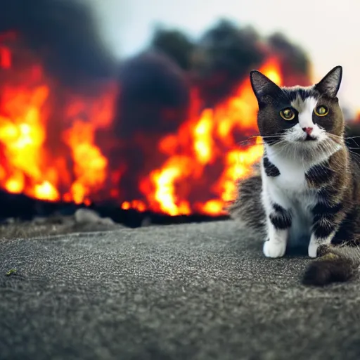 Image similar to an adorable ominous cat sitting in the yard of a home that is blazing on fire in the background behind the cat, cinematic, DSLR, evening