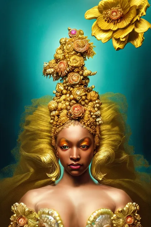 Image similar to hyperrealistic neo - rococo cinematic very beautiful! oshun goddess with gold eyes, water armor, bejeweled gold flowers, highly detailed digital art masterpiece, smooth etienne sandorfi eric zener dramatic pearlescent soft teal light, ground angle uhd 8 k, sharp focus