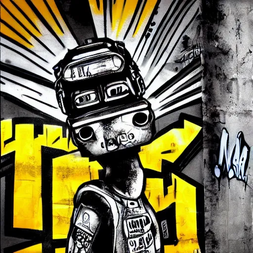 Image similar to chappie colorful graffiti, black and white zef design graffiti on the wall, dark lighting, digital art