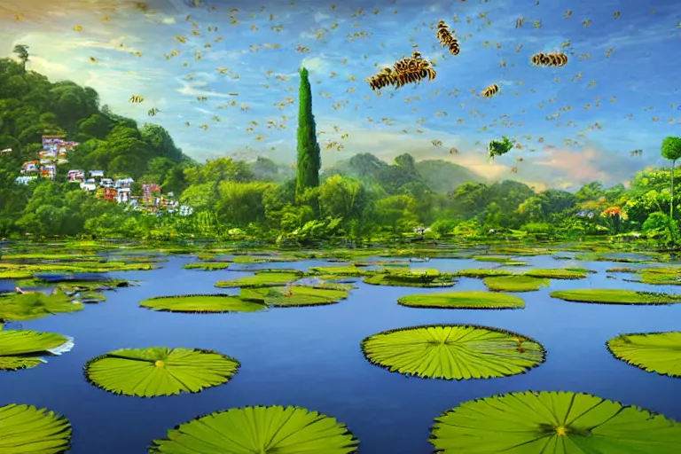 Image similar to simplicity, elegance, foliage overgrowing favela honeybee hive, art nouveau environment, lily pads in the sky, award winning art, epic dreamlike fantasy landscape, ultra realistic,