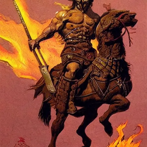 Prompt: a warrior riding a horse, holding an axe surrounded by fire. Artwork by Moebius and Frank Frazetta