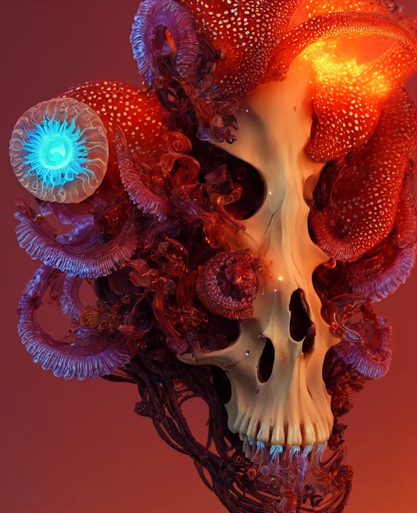 Image similar to goddess close-up portrait animal skull. jellyfish phoenix head, nautilus, orchid, skull, betta fish, bioluminiscent creatures, intricate artwork by Tooth Wu and wlop and beeple. octane render, trending on artstation, greg rutkowski very coherent symmetrical artwork. cinematic, hyper realism, high detail, octane render, 8k