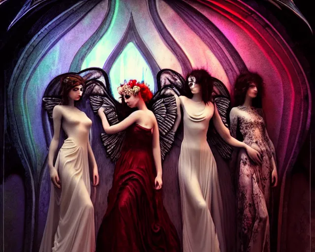 Image similar to three stunning otherworldly gothic goddesses with beautiful angelic faces, wearing psychedelic wicca, in wedding dresses, red neon roses, full body, dark and mysterious, atmospheric, ominous, eerie, cinematic light, epic, 8 k 3 d, ultra detail, ultra realistic, by giger, by wlop, by mucha