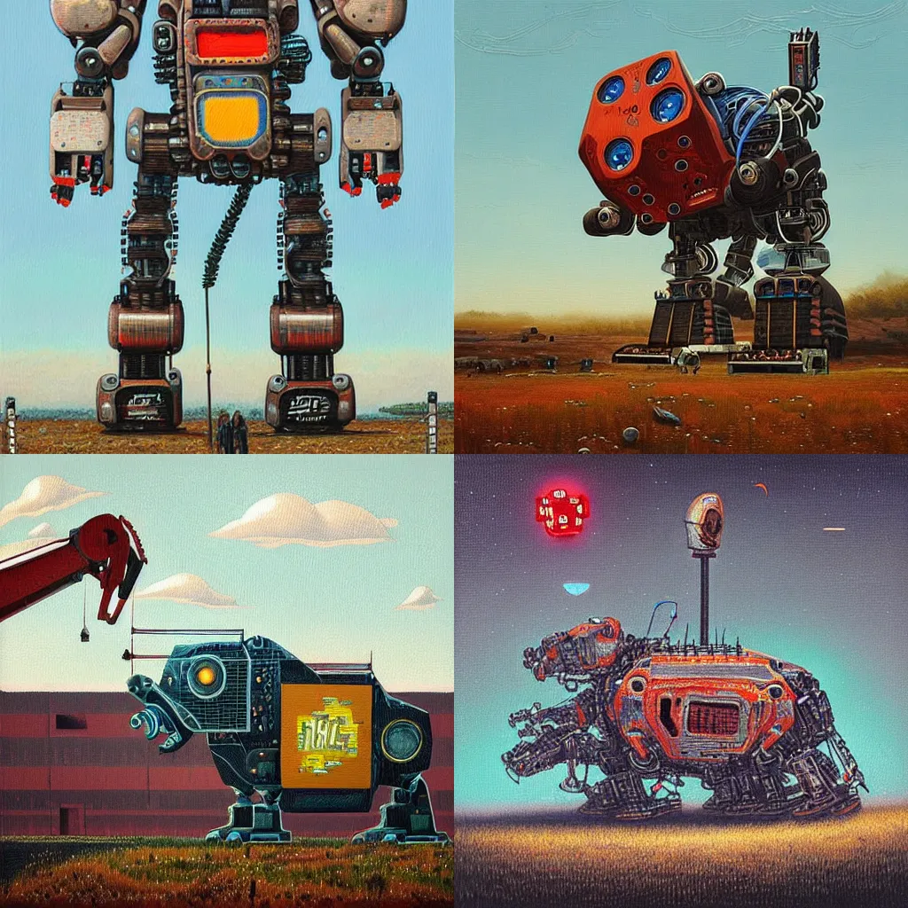 Prompt: “A giant mechanical bull robot, oil dotwork on canvas by Simon Stalenhag”