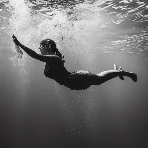 Image similar to a woman swimming underwater in murky muddy water and ink, backlighting