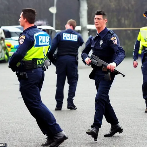 Prompt: robert lewandowski with a gun, fighting policemen