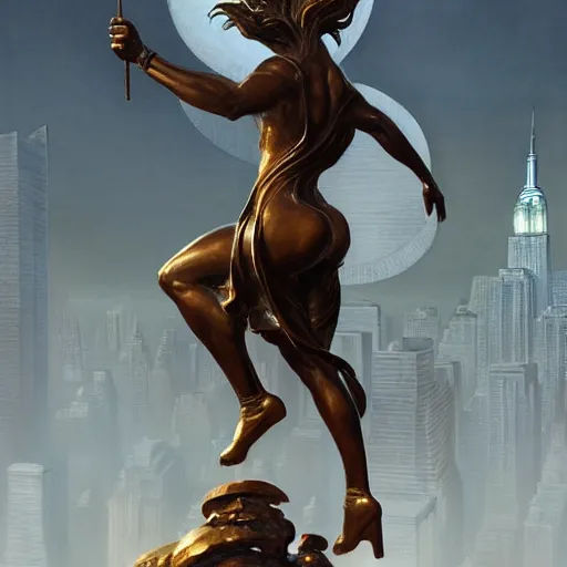 Prompt: a bronze sculpture stands as the centerpiece of futuristic art deco new york city, fantasy, intricate, elegant, digital painting, trending on artstation, concept art, sharp focus, illustration by greg rutkowski, Gaston Bussiere and artgerm, 4k.