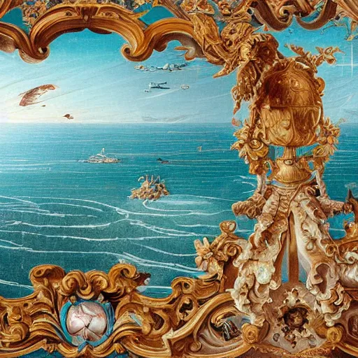 Prompt: elaborate baroque rococo cyber - eye on the ocean ground. seen from the distance. with a lot of little details. childrenbook scientific illustration in soft natural tones. hd hyperdetailed octane. matte paper background. in the style of ulriko - e and botticelli and national geographic and ernst haekel and daniel martin diaz