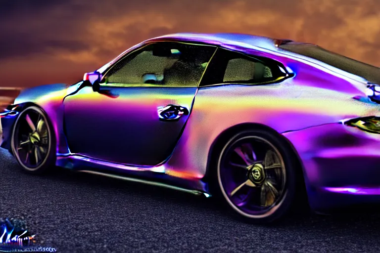 Prompt: iridescent Porsche 911, macro photography, by Thomas Kincade, Richard Sigamani, 8k photorealistic, HD, high details, concept art, trending on artstation