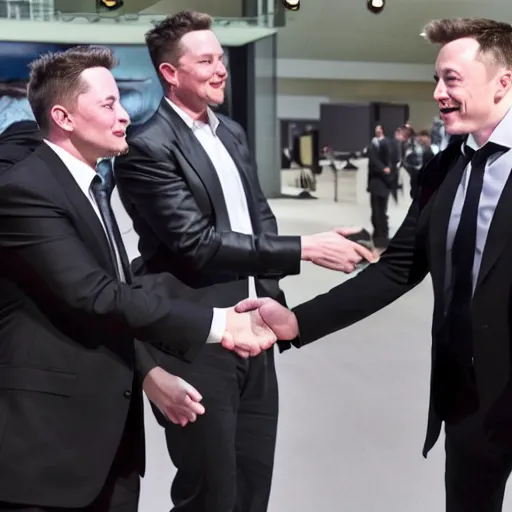 Image similar to Elon Musk shaking hands with another Elon Musk, highly detailed, high quality, HD, 4k, 8k, Canon 300mm, professional photographer, 40mp, lifelike, top-rated, award winning, realistic, sharp, no blur, edited, corrected, trending