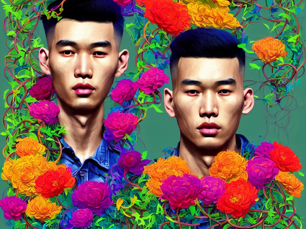 Image similar to colourful vfx art - portrait of south east asian male with military haircut wrapped in flowers & vines, art by hsiao - ron cheng & james jean - presented as magazine collage style, volumetric light, colourful, sharp, detailed, digital painting, illustration, magazine collage, highly detailed, intricate detail, unreal engine, octane render, pinterest, behance, art station