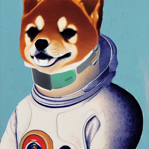 Prompt: Portrait of a shiba inu astronaut, oil painting, 16th century